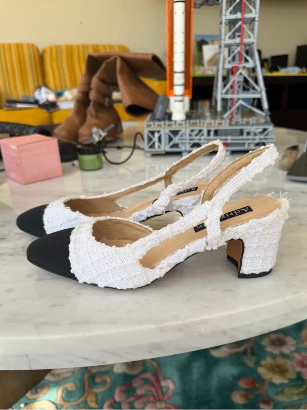 Women's Two-Tone Tweed Slingback Kitten wedge heels in Black & White - Picture 3 of 8